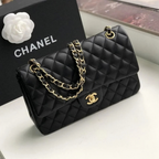 Chanel Classic Flap Bag Black Quilted Lambskin Gold CC Chain Shoulder Bag Medium